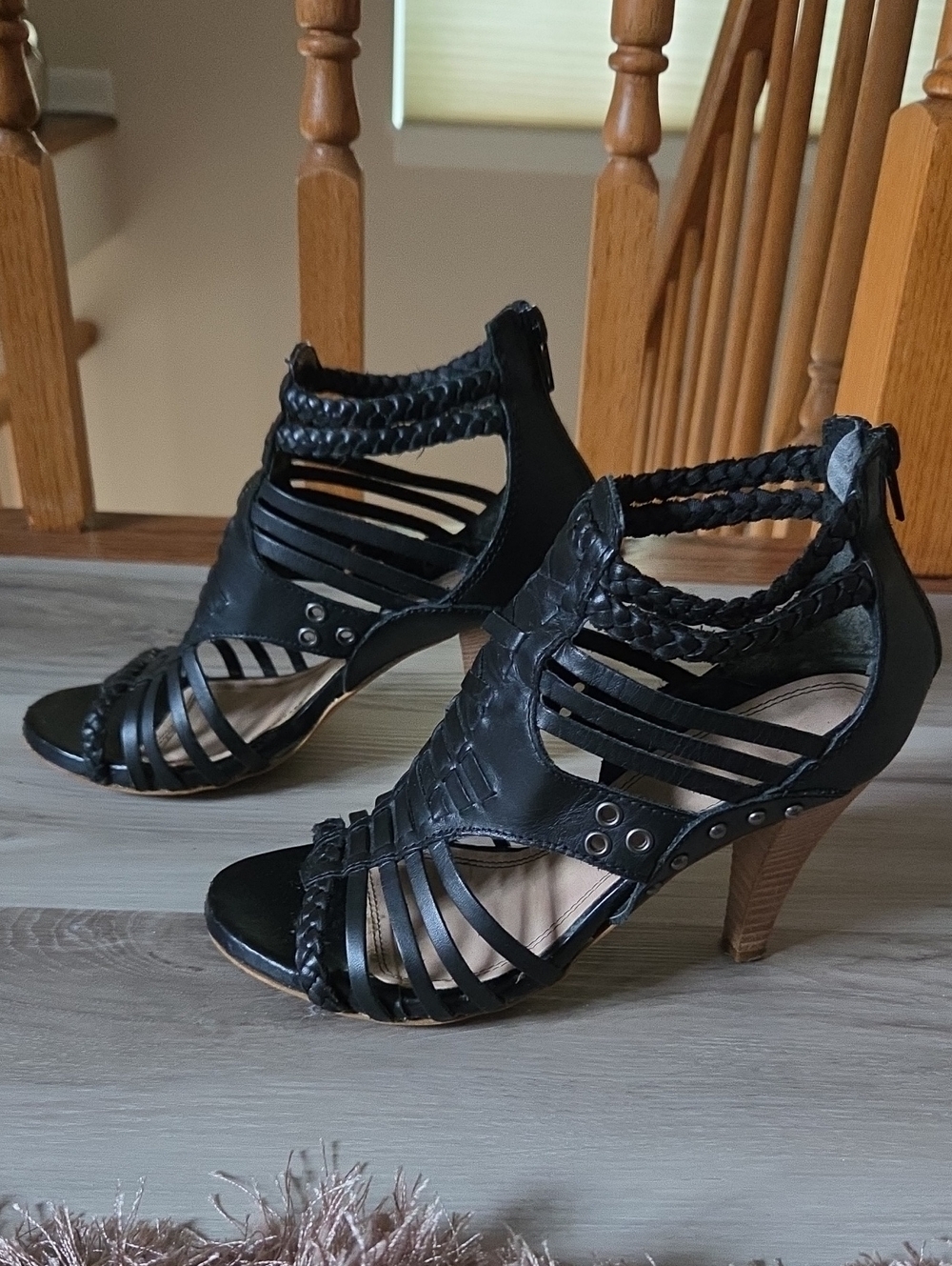 Aldo Black Braided Straps Open Toe Heels